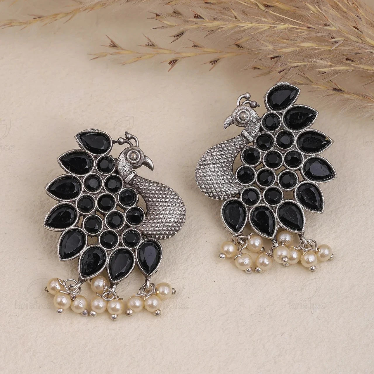 Black Peacock Silver Earrings
