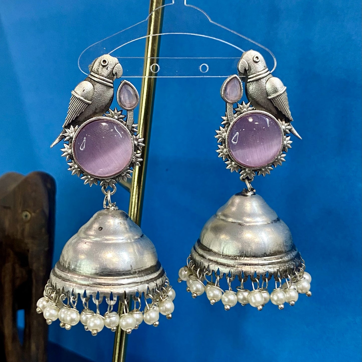 Silver Oxidized finish Parrot Shaped Engraved Traditional Jhumka Lavender