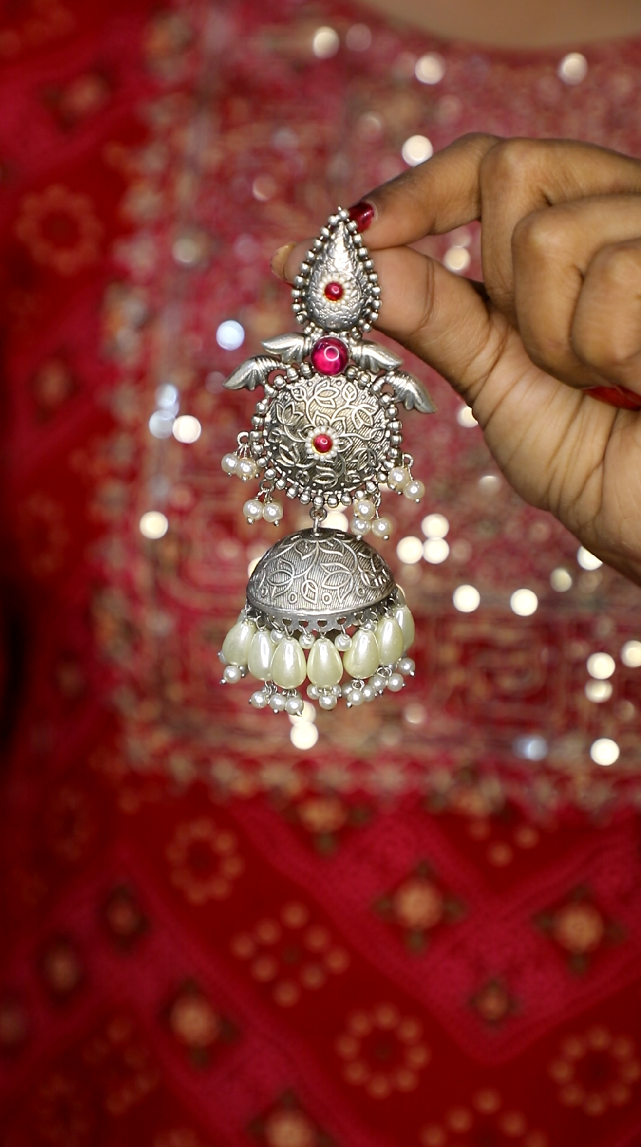 Jaipuri Silver Earrings Jhumka - Main Image
