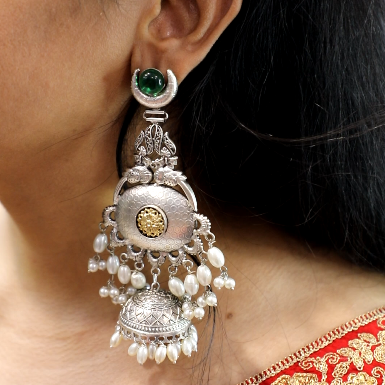 Rhombus Green Silver Jhumka