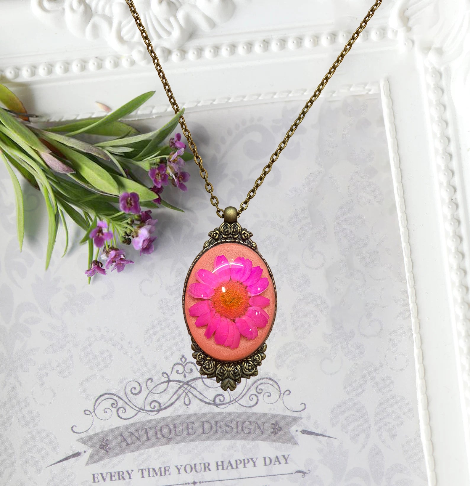 Pink Daisy Antique Bronze Pendant – Aara Gallore - Main Image