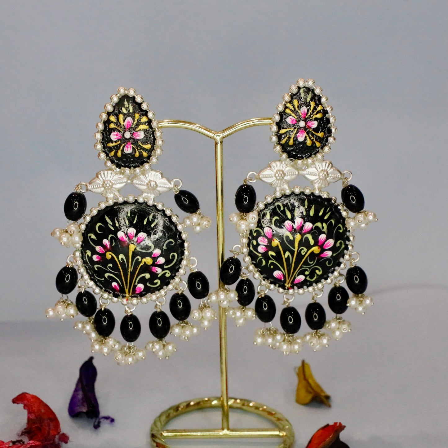 Black Saanjh Printed Handmade Earrings