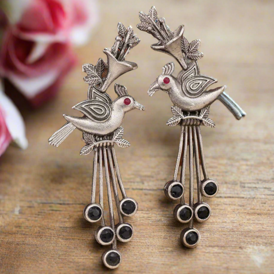 Silver finish Parrot Shaped Engraved Jhumka