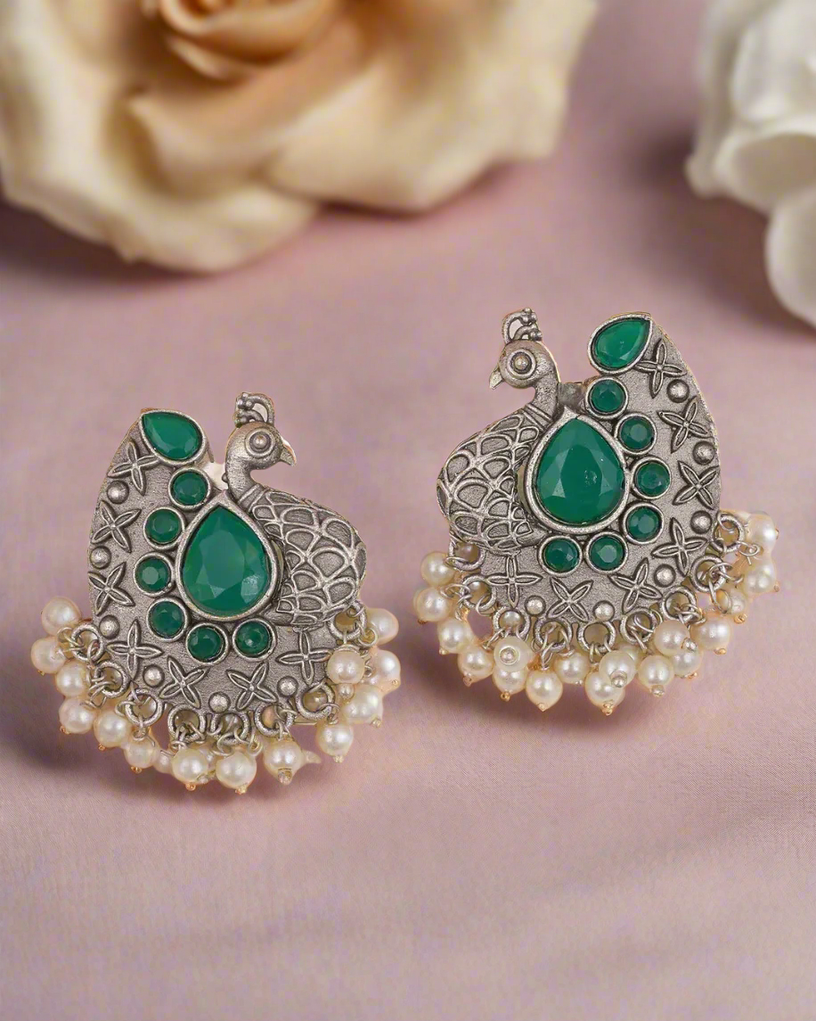 Green Peacock Silver Jhumka