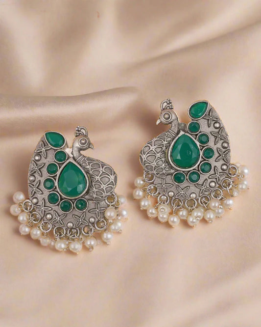 Green Peacock Silver Jhumka