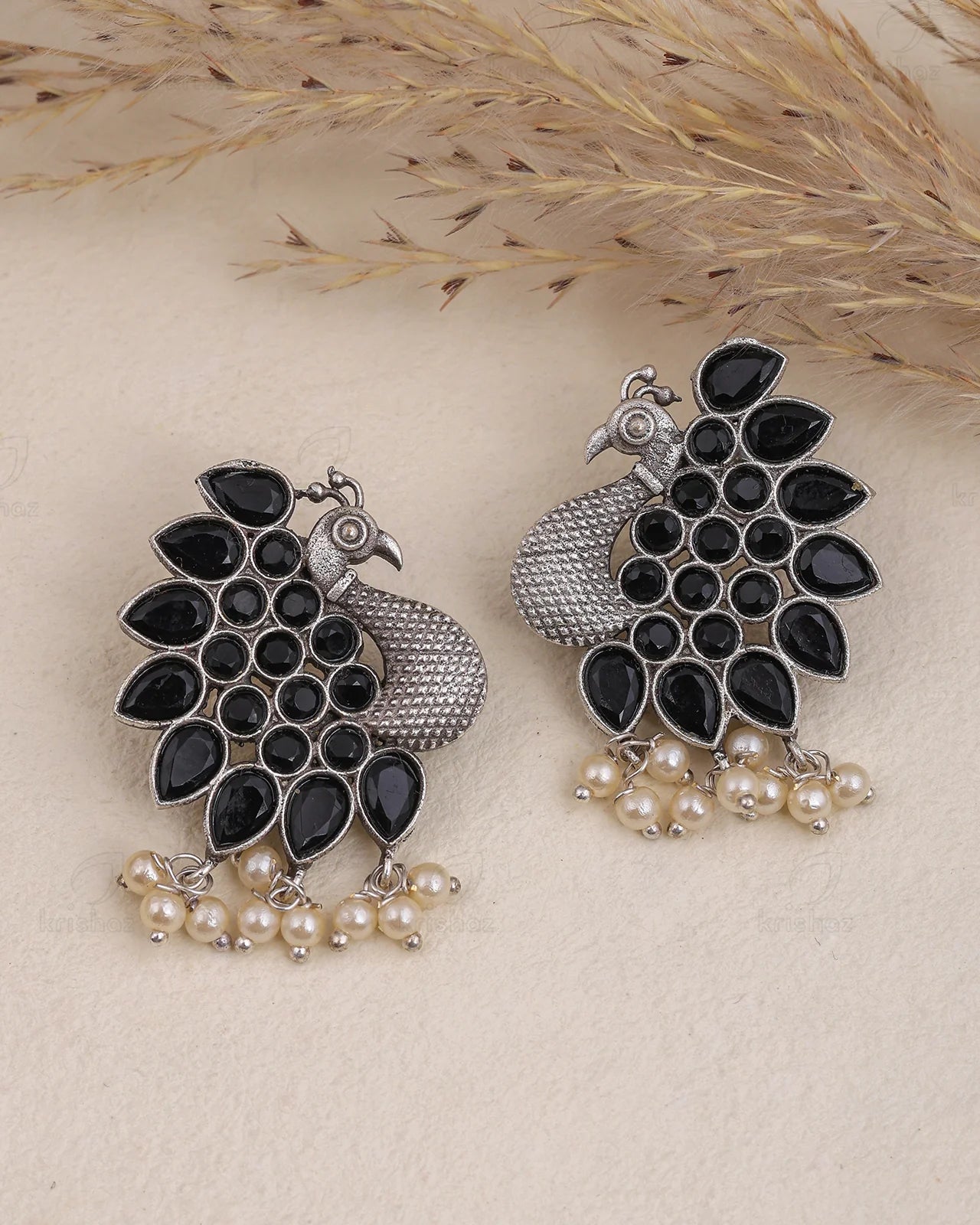 Black Peacock Silver Earrings