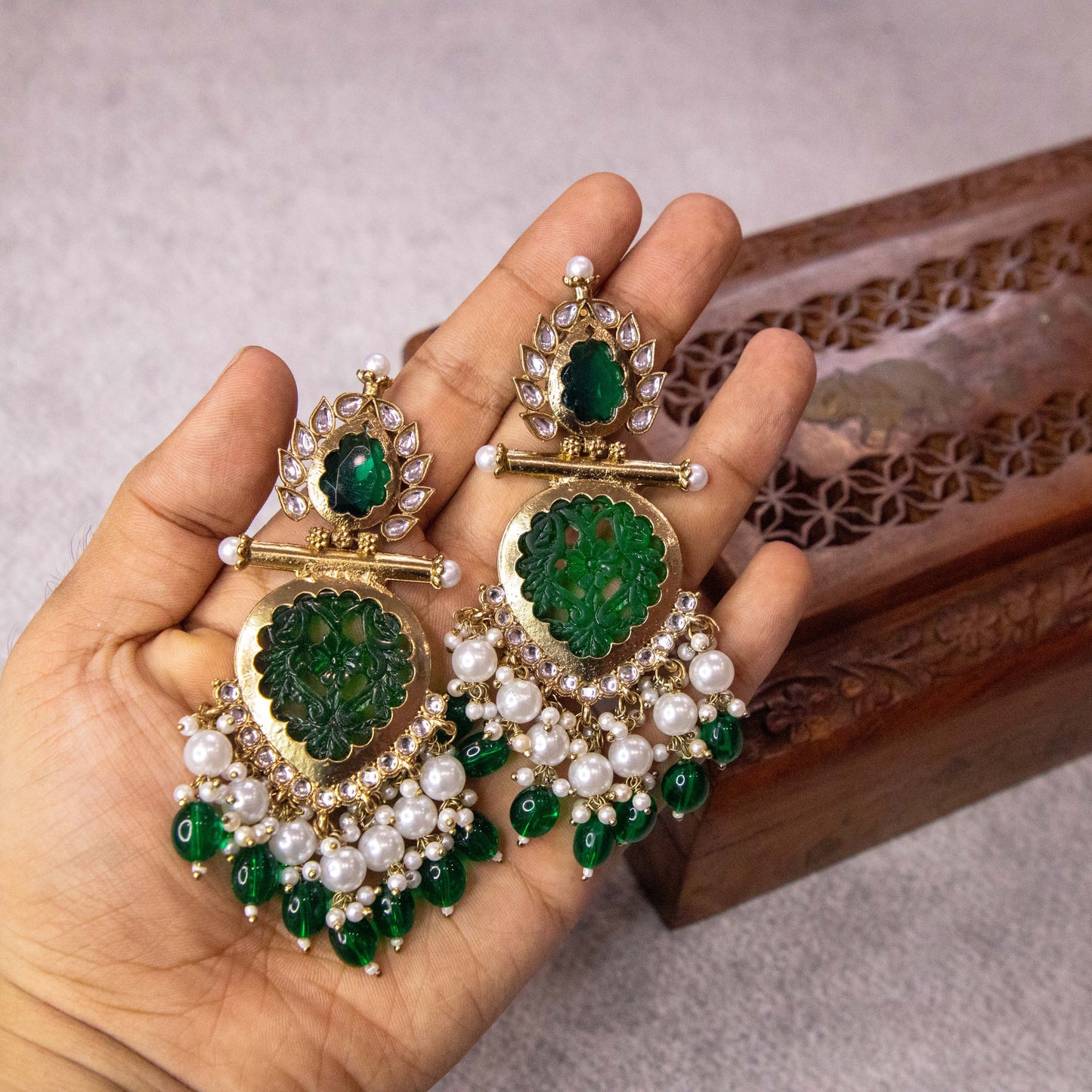 Yuktha Jhumka Green Pearls