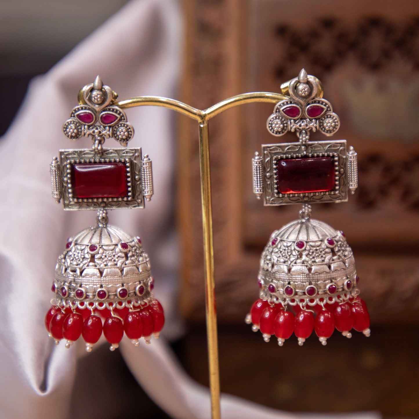 Silver Red Monalisa Stone Dangler Earrings