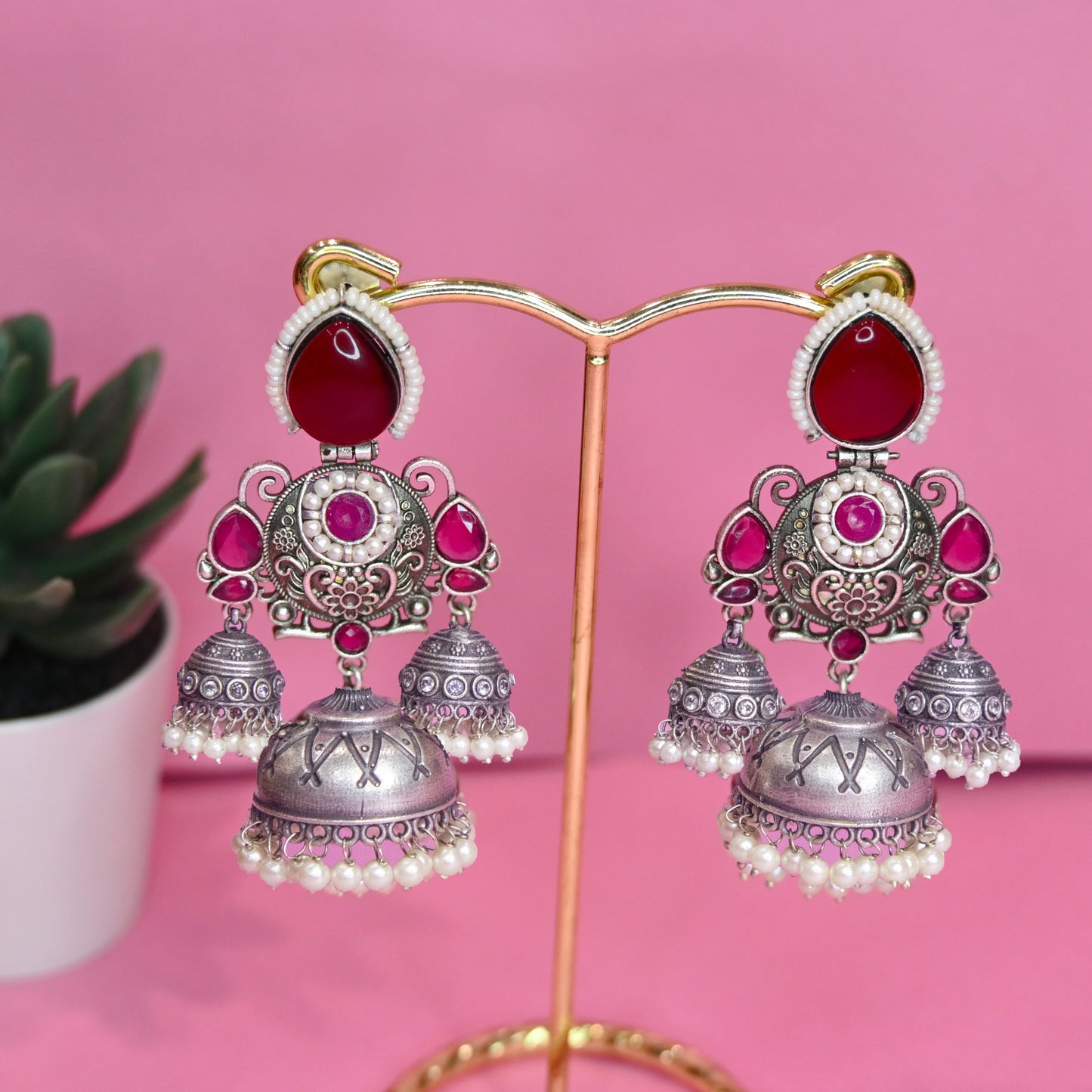 Dome of Charm Jhumki Red Blush Earrings