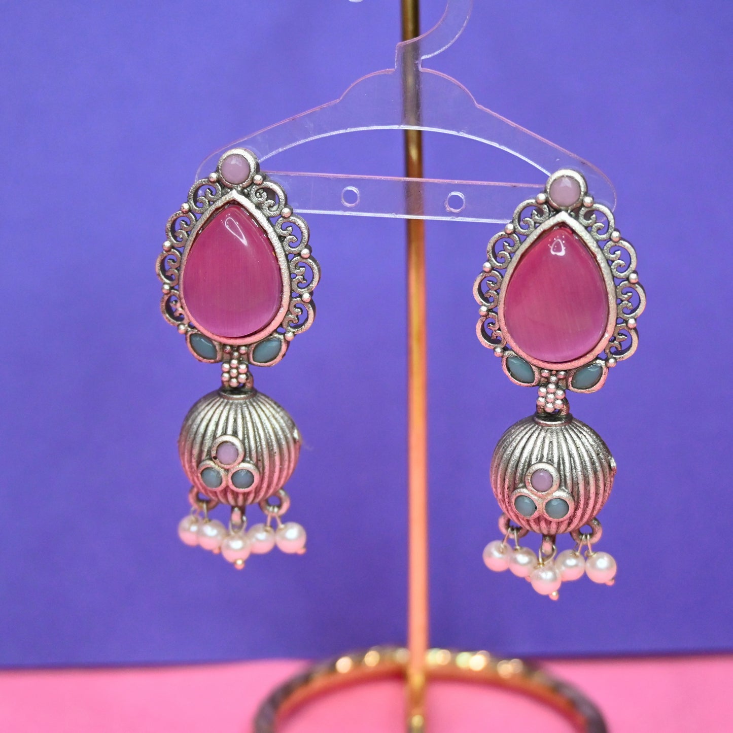 Silver Love In Pink Drop Jhumka