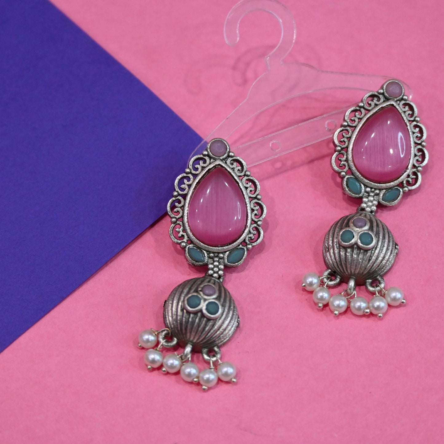 Silver Love In Pink Drop Jhumka