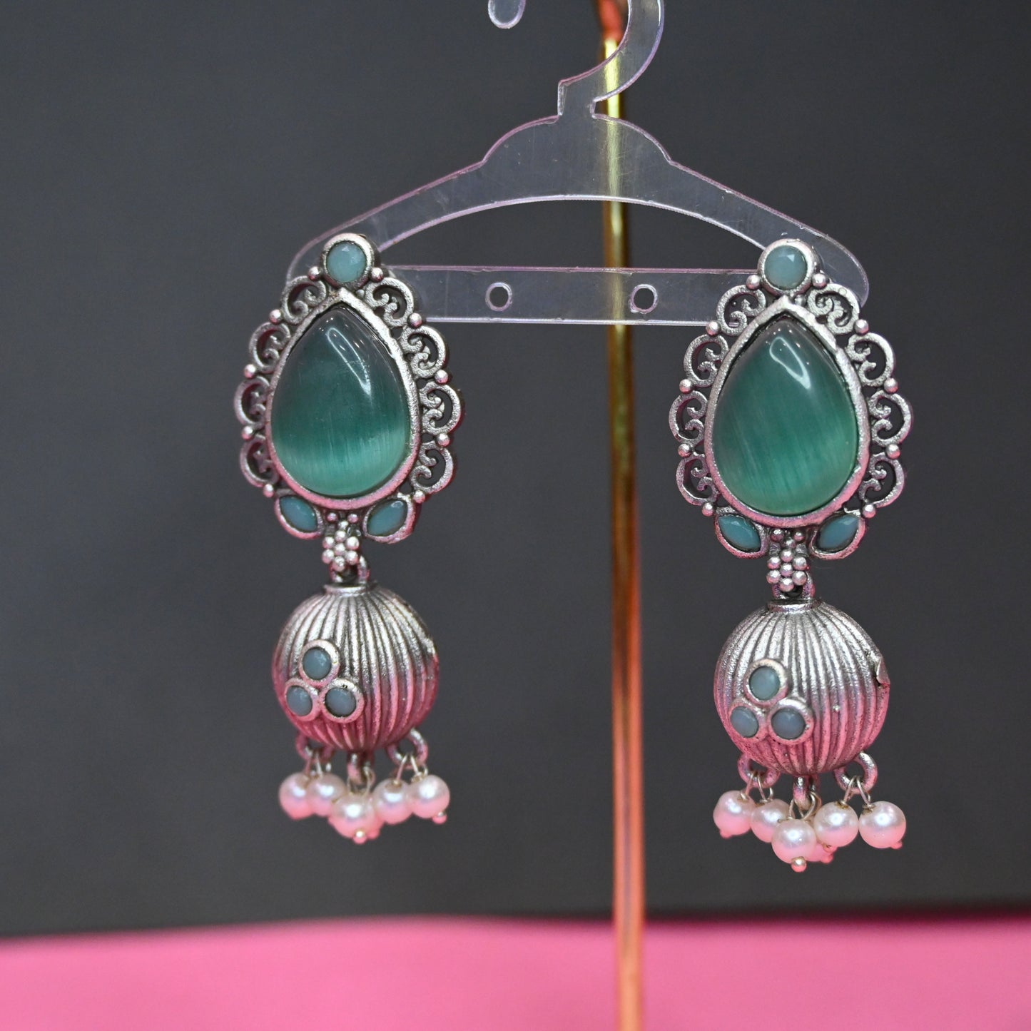 Silver Love In Sea Green Drop Jhumka