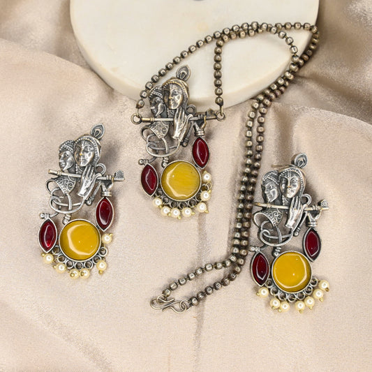 Silver Krishna Chain Pendant and Earring Combo