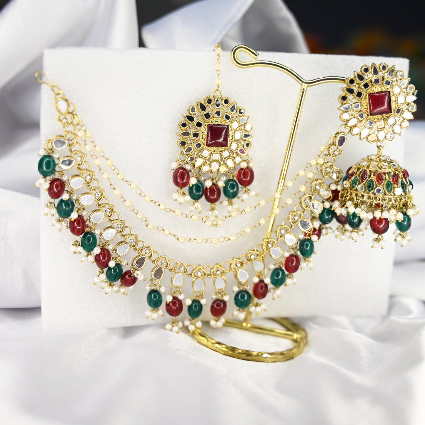 Tania Red Green Jhumka with maangtika