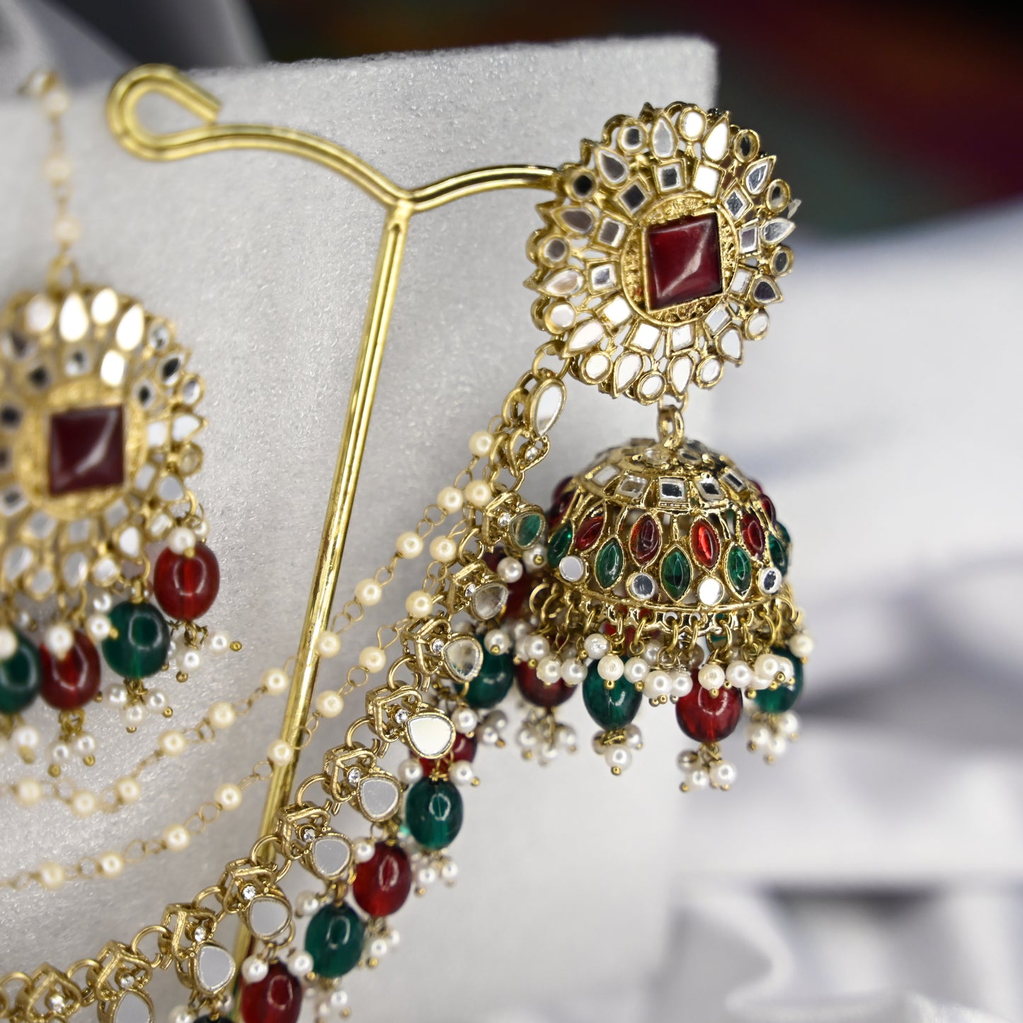 Tania Red Green Jhumka with maangtika