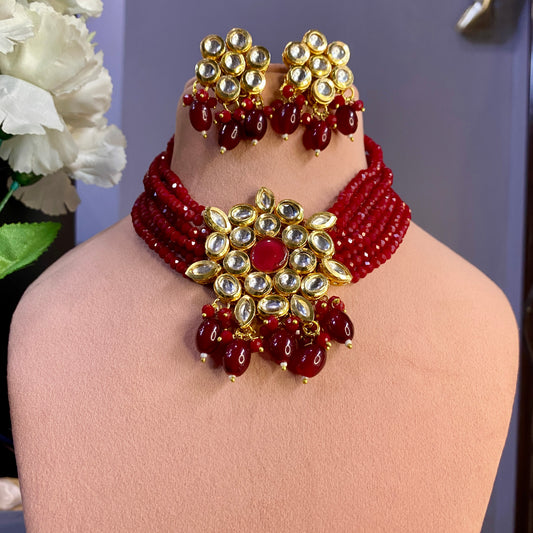 Red Beaded Kundan Necklace