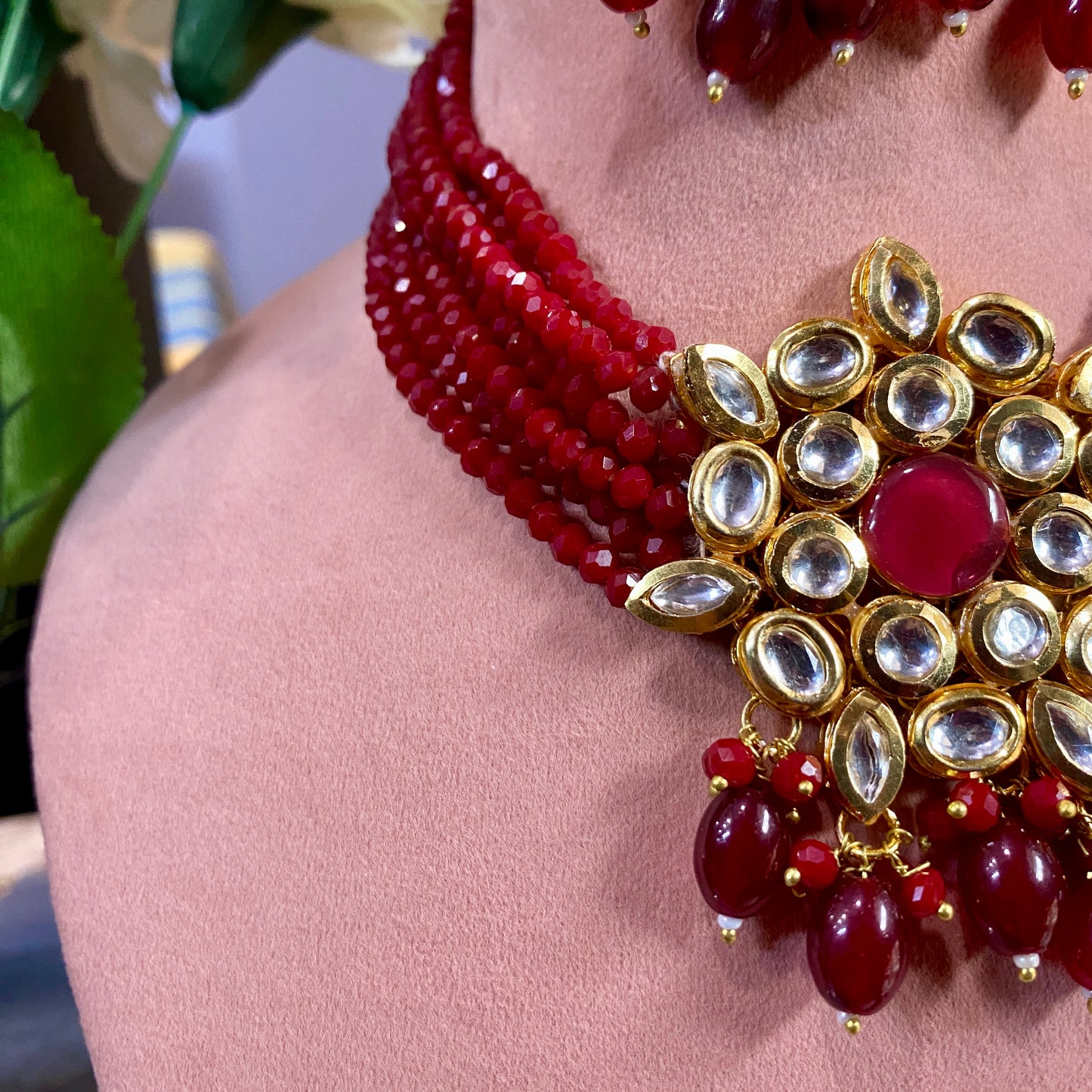 Red Beaded Kundan Necklace