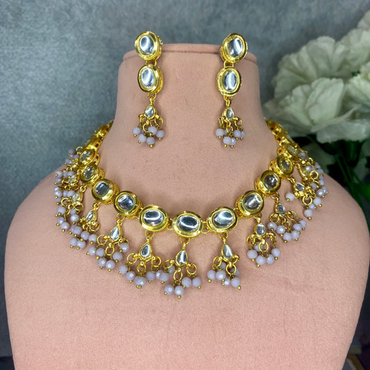 Lavender Dangling beads Kundan Necklace