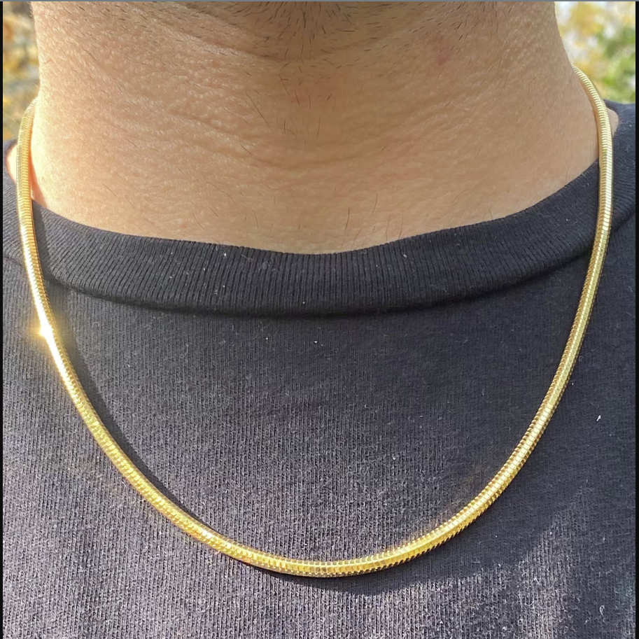 Round Snake Chain Necklace 18k Unisex Necklace, Mens Gold Chain