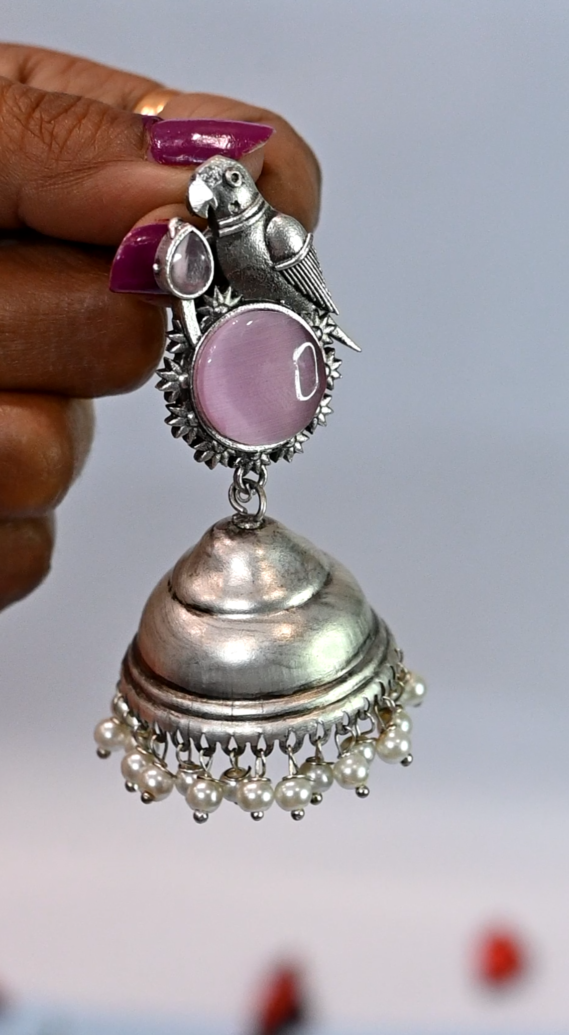 Silver Oxidized finish Parrot Shaped Engraved Traditional Jhumka Lavender