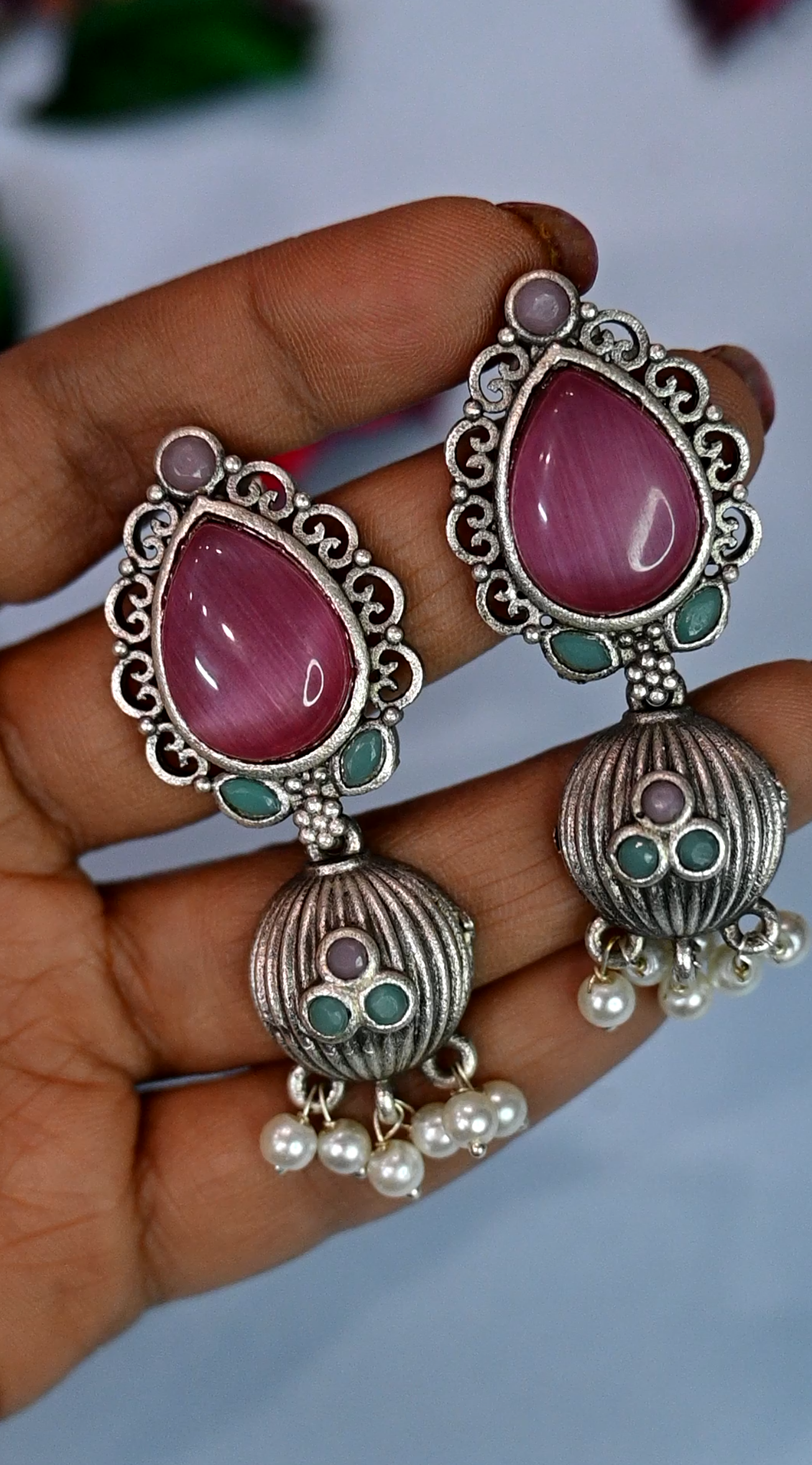 Silver Love In Pink Drop Jhumka