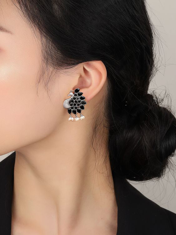 Black Peacock Silver Earrings