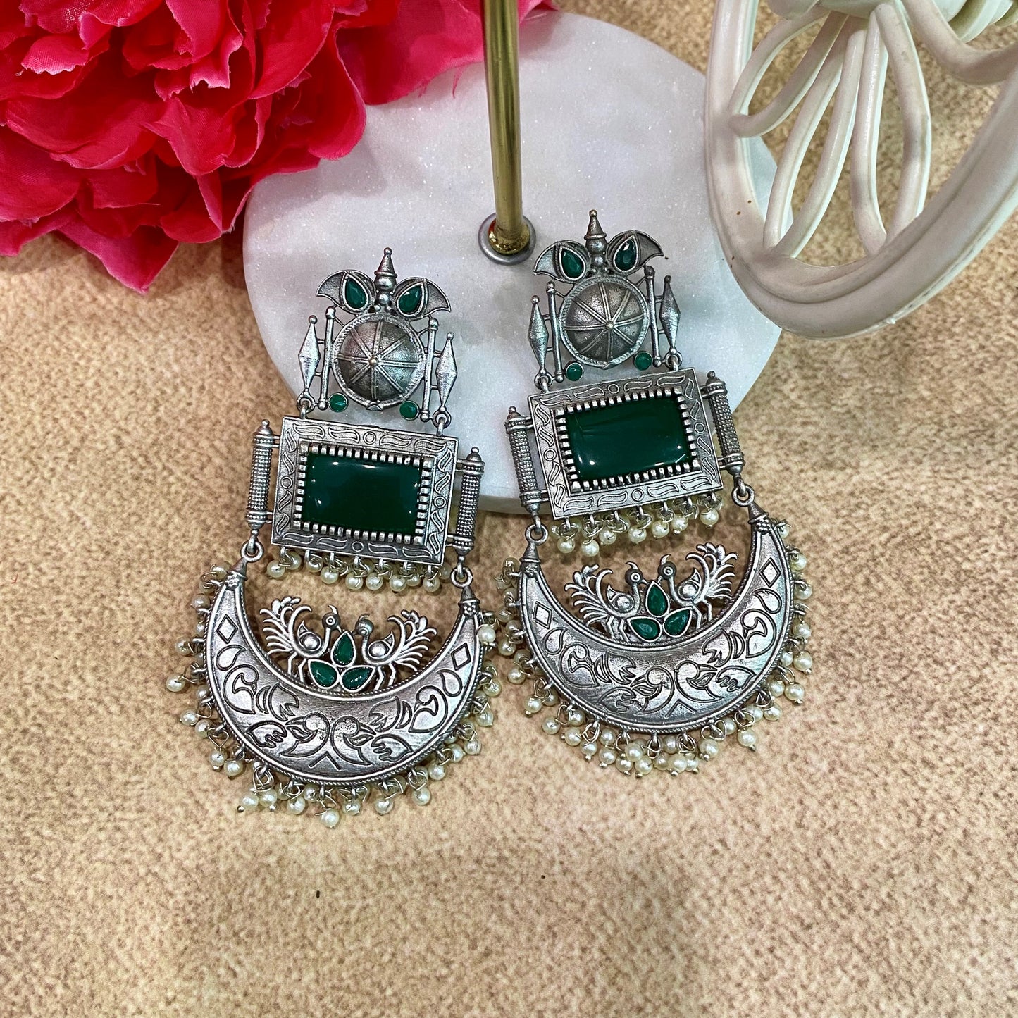 Green Silver Dangler Jhumka