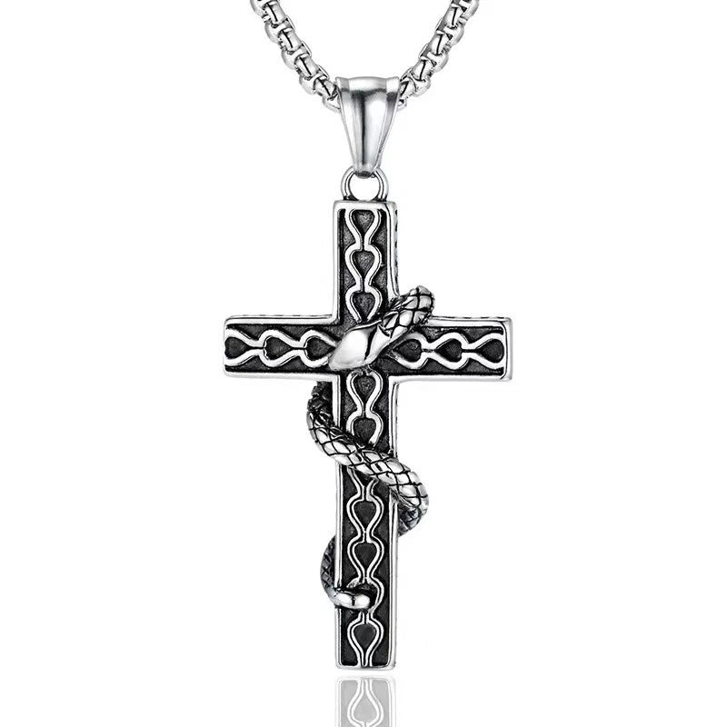 Gothic Snake Cross Necklace with Box Chain Silver