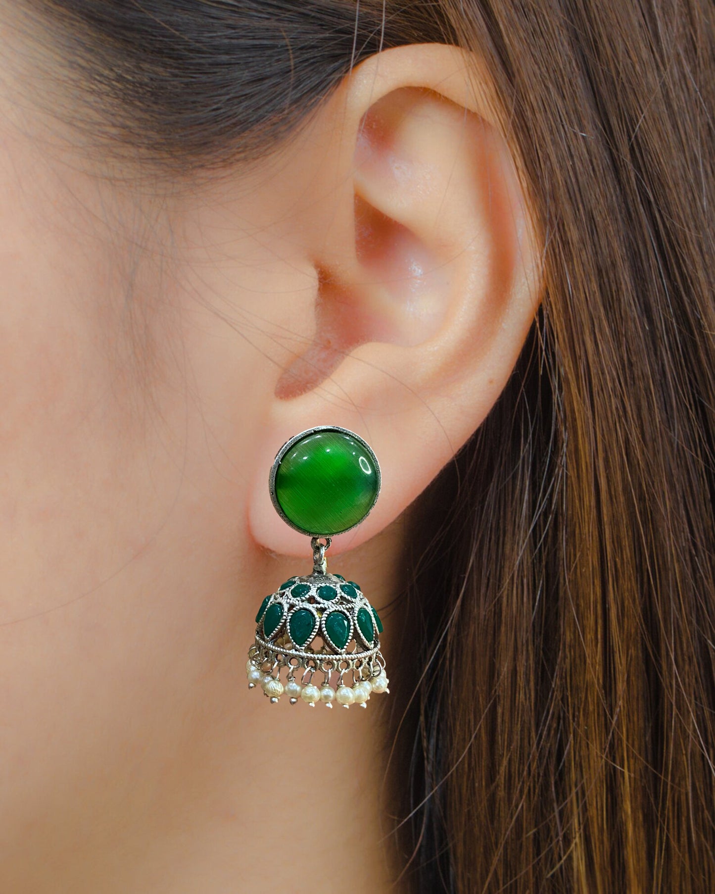 Green German Silver Jhumka