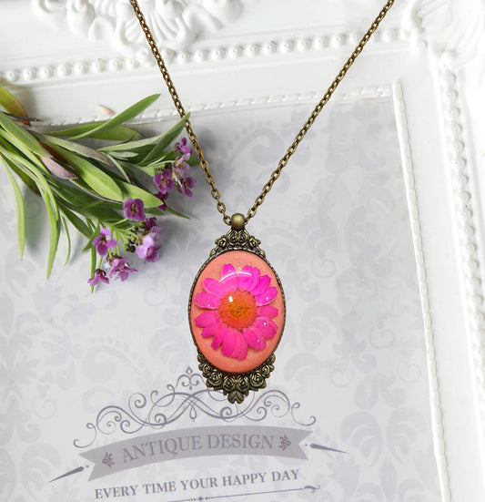 Pink Daisy Antique Bronze Pendant