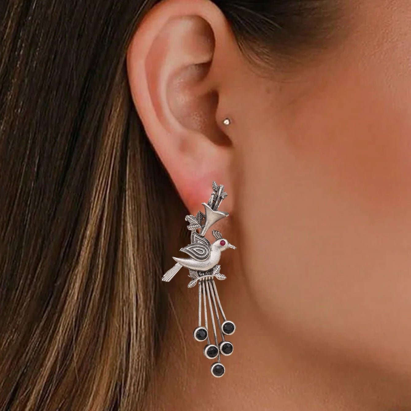 Silver finish Parrot Shaped Engraved Jhumka