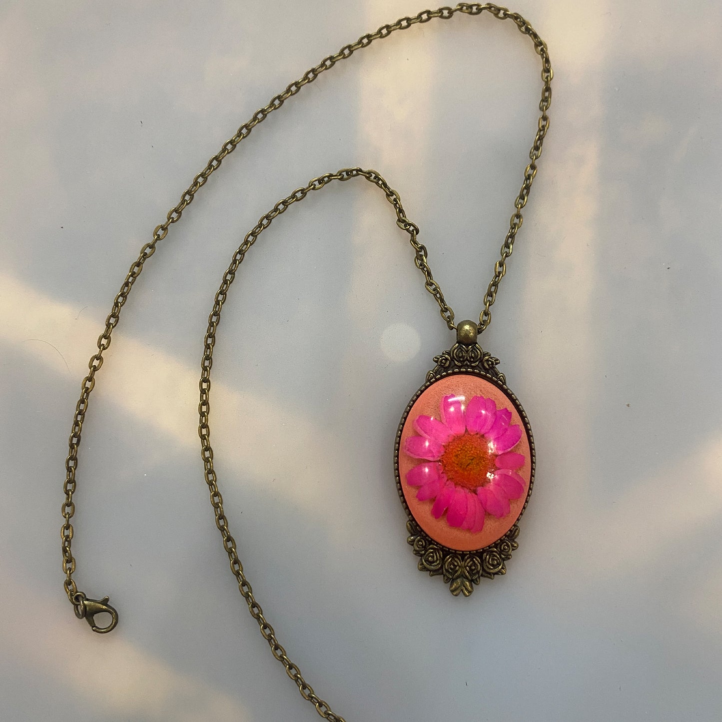 Pink Daisy Antique Bronze Pendant