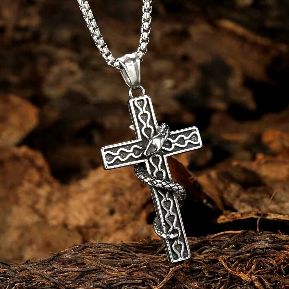Gothic Snake Cross Necklace with Box Chain Silver