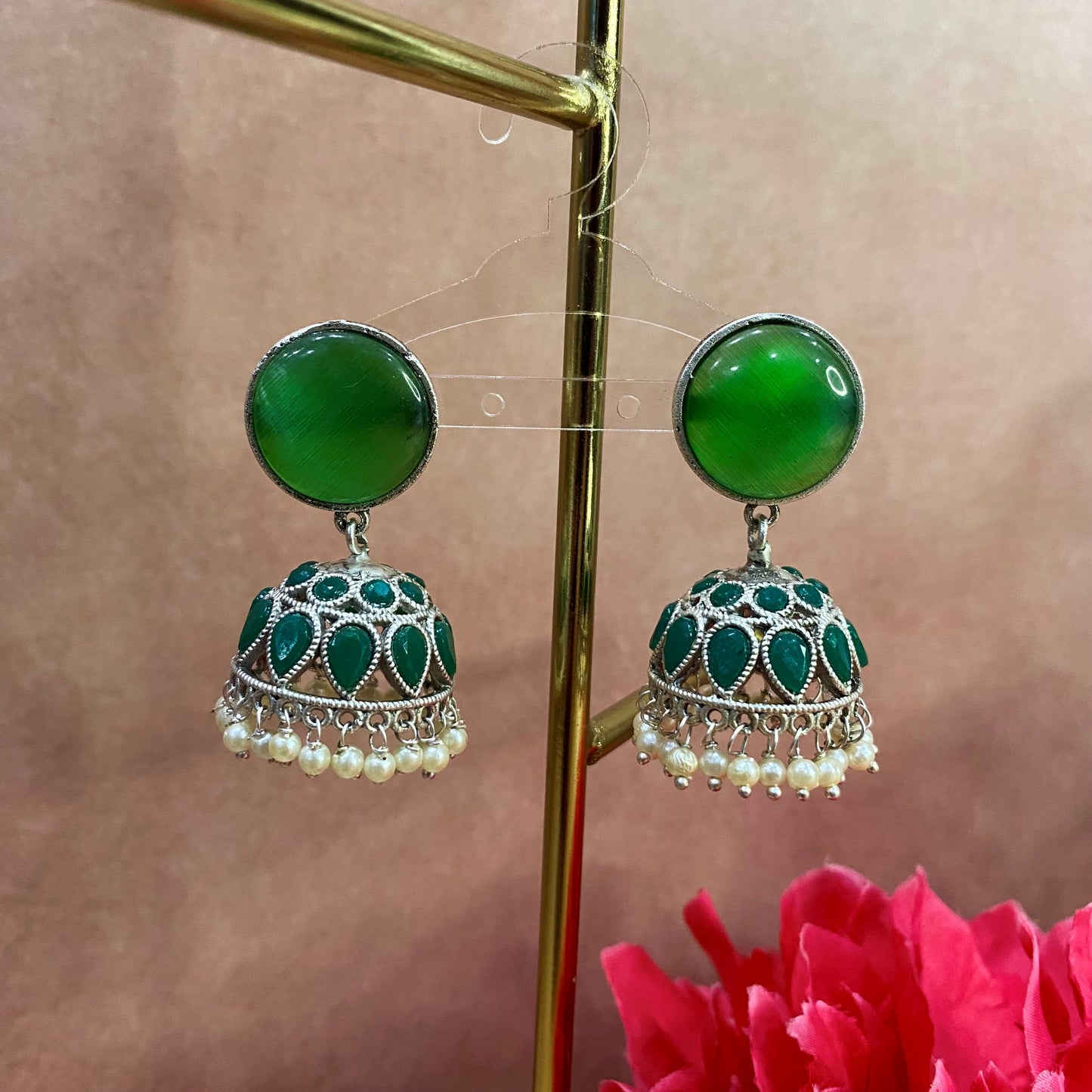 Green German Silver Jhumka